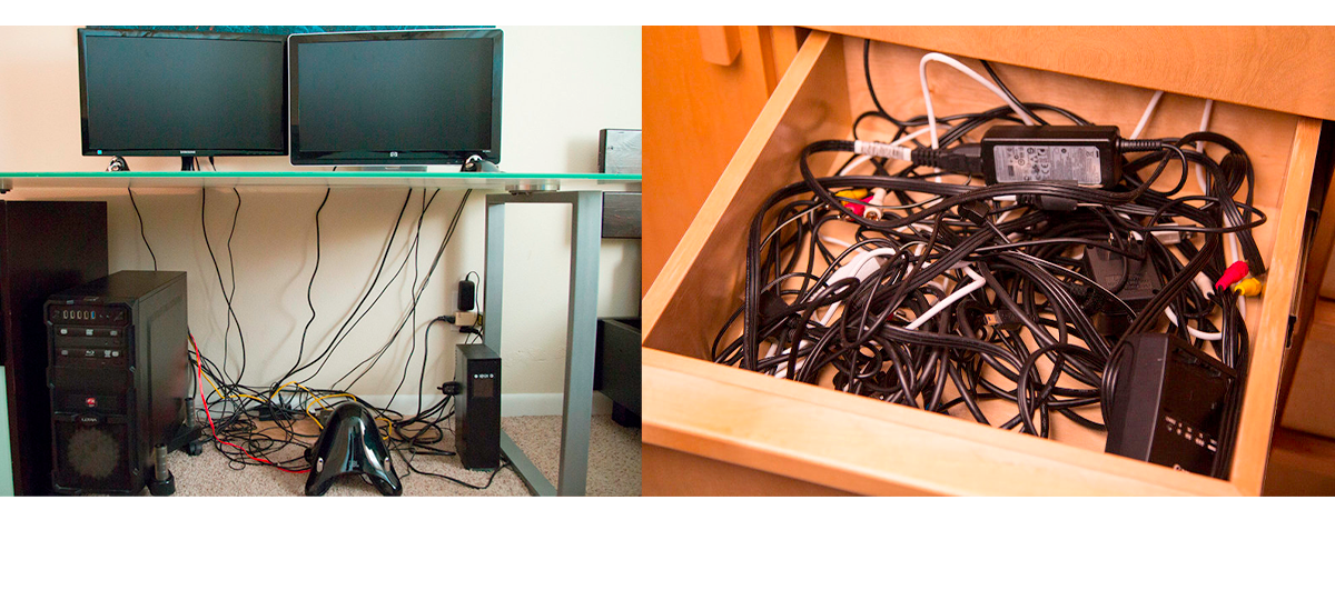 Messy, unorganized cables under desk with two monitors on it next to an image of a drawer filled with a jumble of messy cables and cords